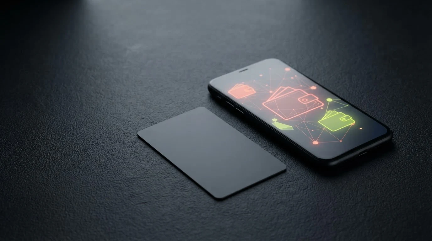 Na ciemnym blacie leżą karta płatnicza, telefon z portfelem i abstrakcyjne węzły sieci cyfrowej