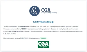 Widok dokumentu Curaçao Gaming Authority dla domeny winshark.com w oknie przeglądarki