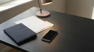 Zamknięta teczka z dokumentami, telefon i lampka na ciemnym biurku